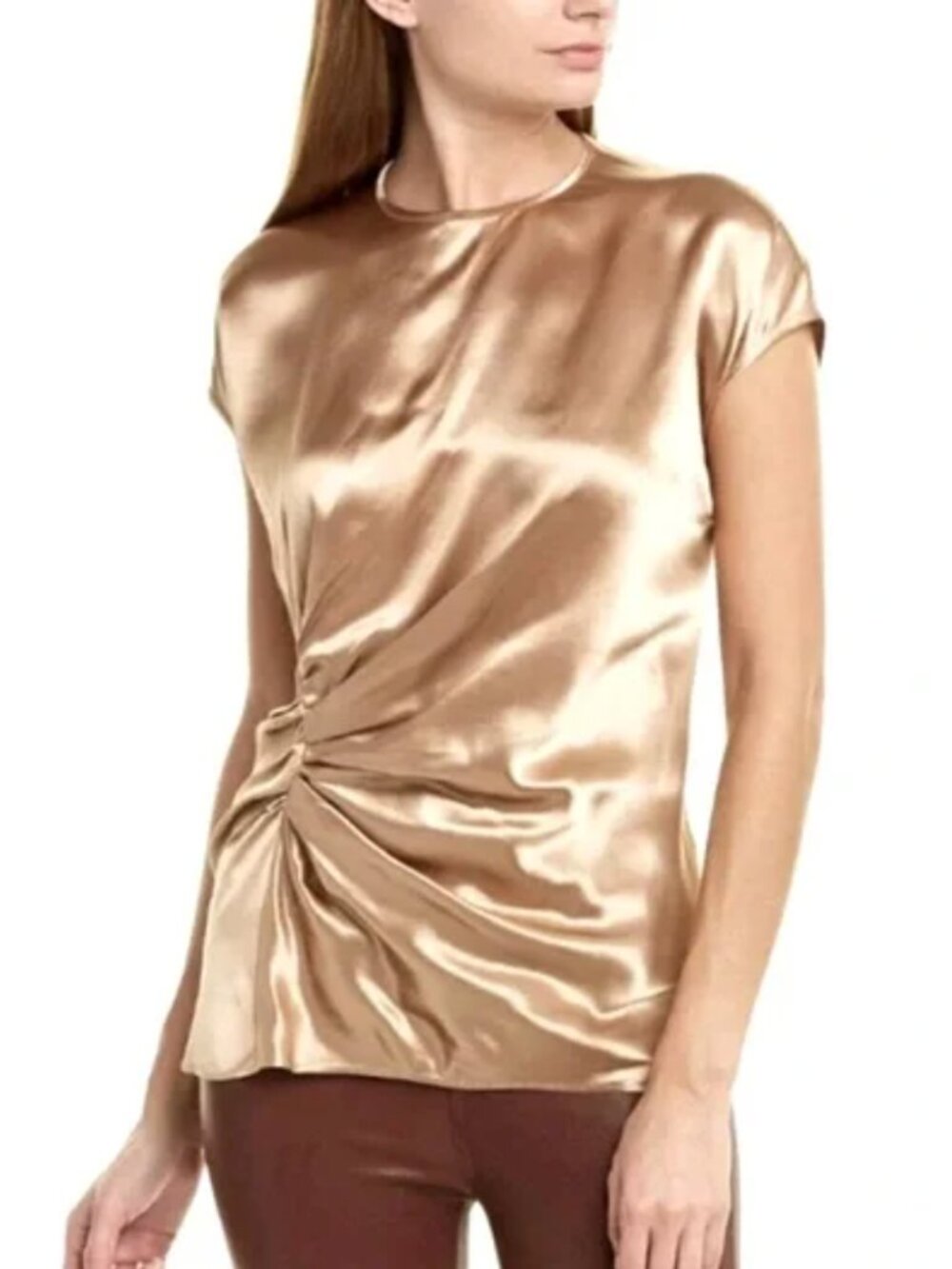 Price Drop 🔷 Helmut Lang Small Gold Bronze Satin Twist-Front Blouse - Picture 1 of 8
